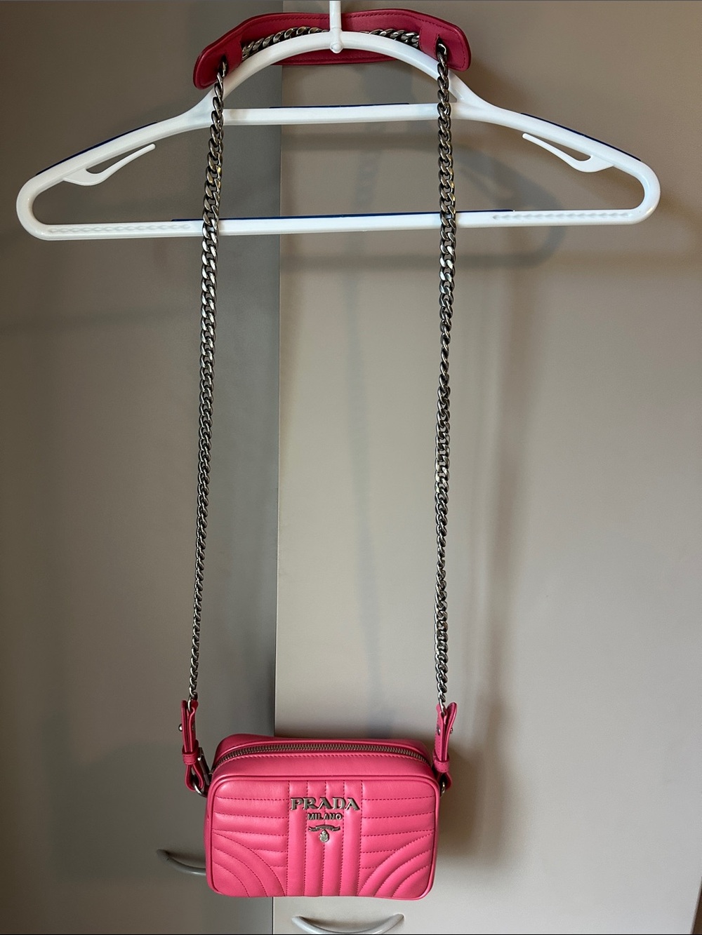 Prada Pink Quilted Leather Crossbody Camera Bag with Silver Chain